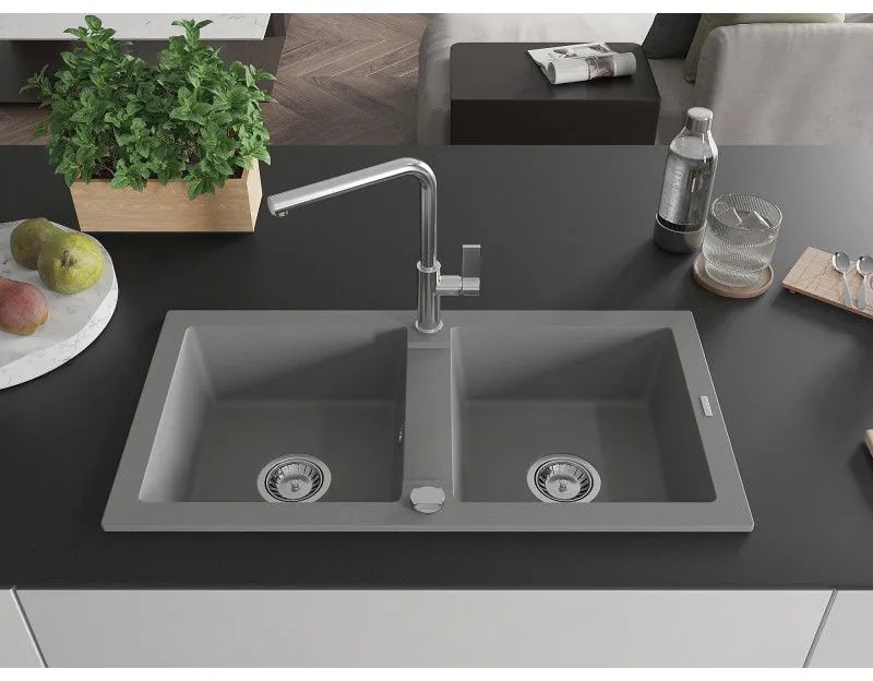 Mexen Mario, 2-komorový granitový drez 820x436x161 mm a drezová batéria Flora, šedá, 6504-71-670401-00