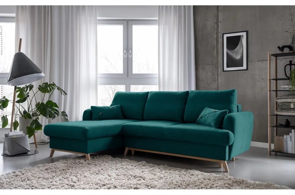 Tyrkysovomodrá rozkladacia/s úložným priestorom rohová pohovka (ľavý roh/s leňoškou) Scandic Lagom – Miuform