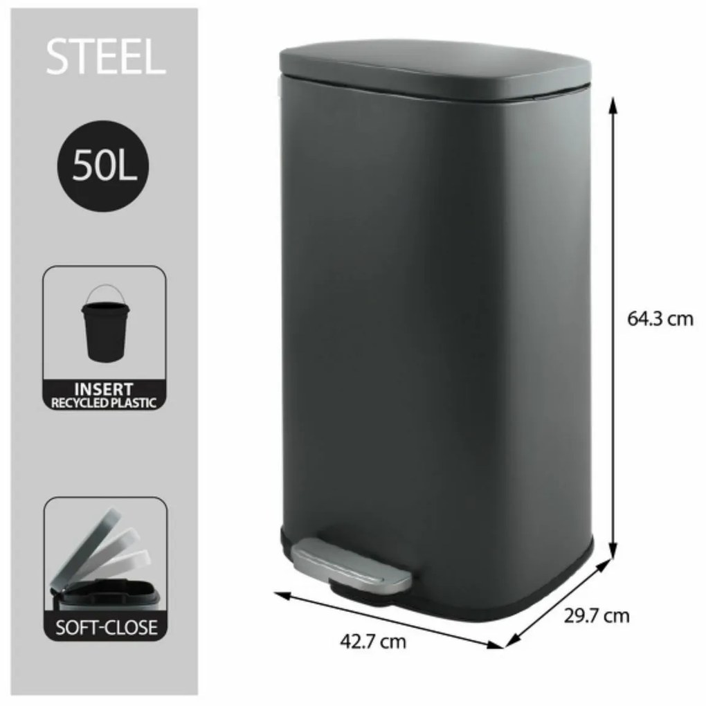 Spirella Akira 50 l odpadkový kôš s pedálom atichým zatváraním, matná sivá farba, 50 l
