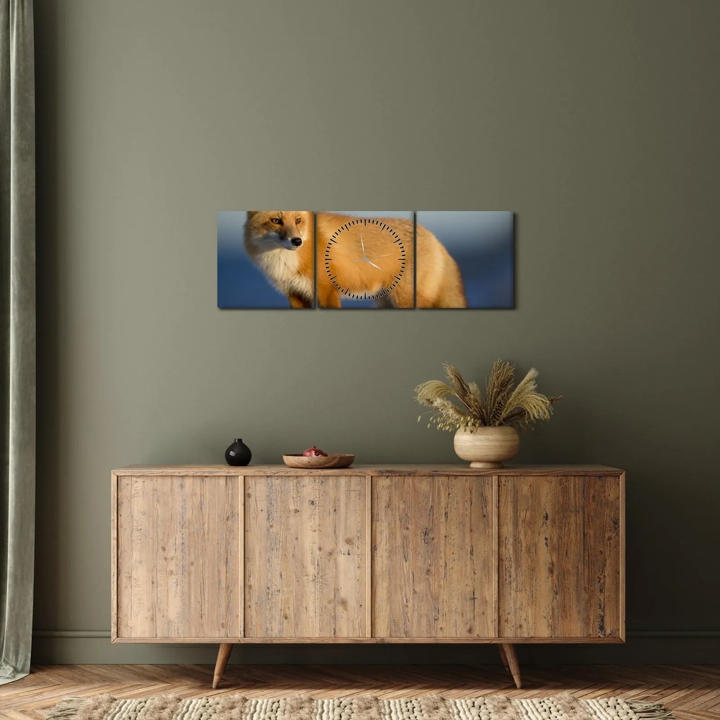 Obraz - Liška na snehu (s hodinami) (90x30 cm)