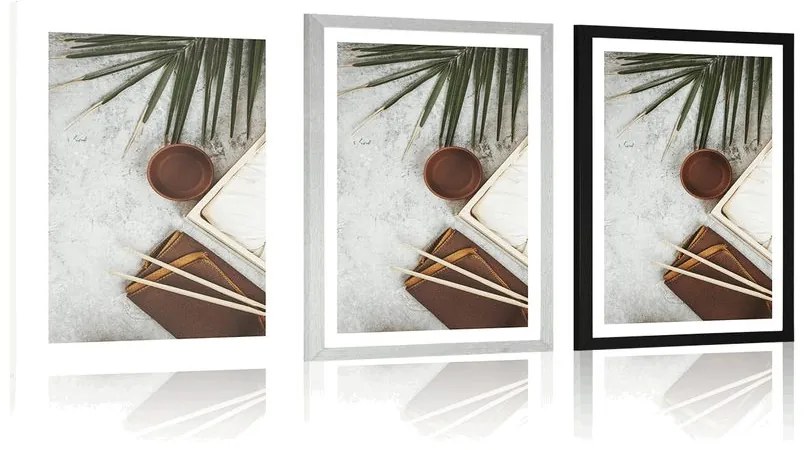 Plagát s paspartou čajové zátišie na betónovom pozadí - 30x45 silver