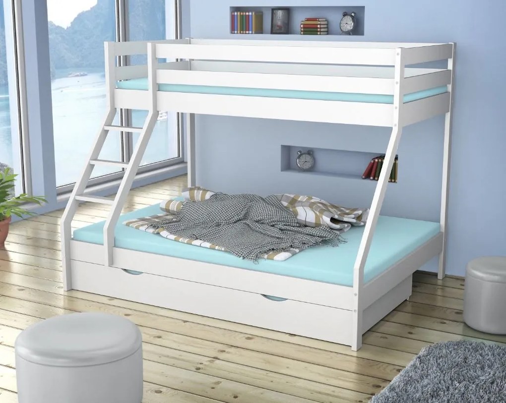 Poschodová posteľ z masívu DENIS vr. oboch roštov - 200x90/140 cm - biela