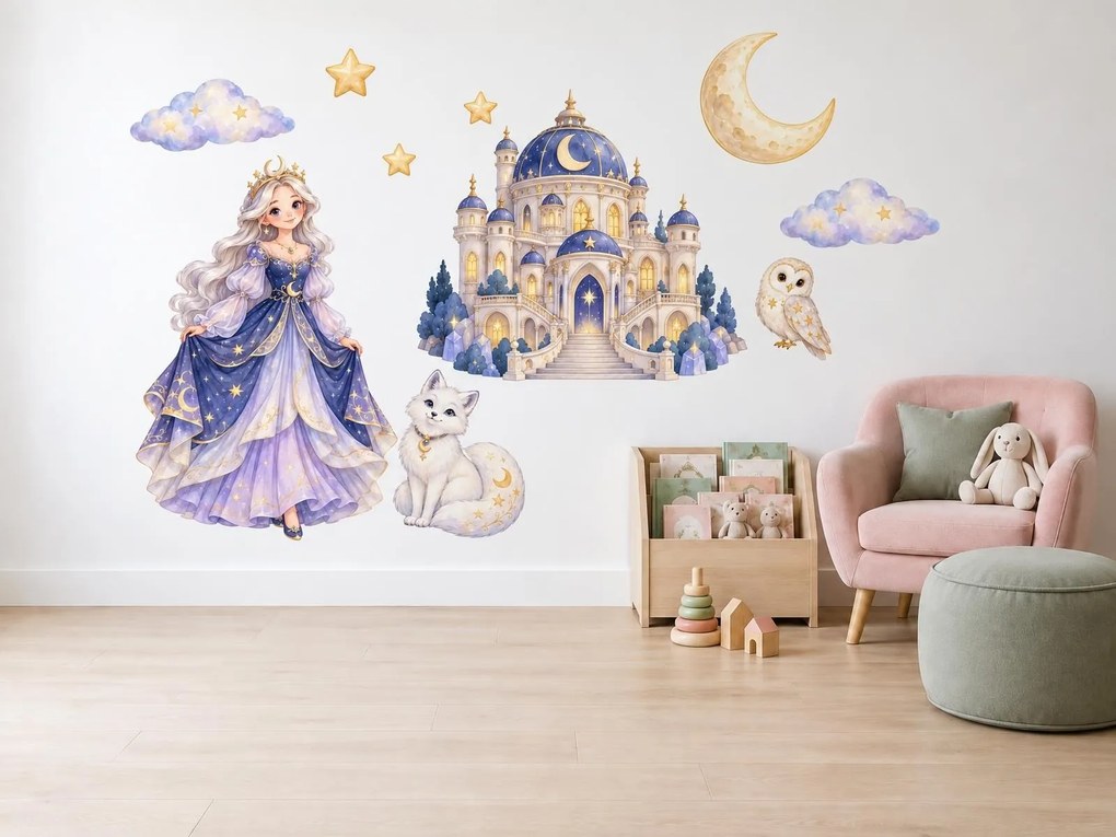 Mesačná princezná a hviezdny zámok nočné rozprávkové akvarelové nálepky na stenu pre dievčatká arch 46 x 34 cm