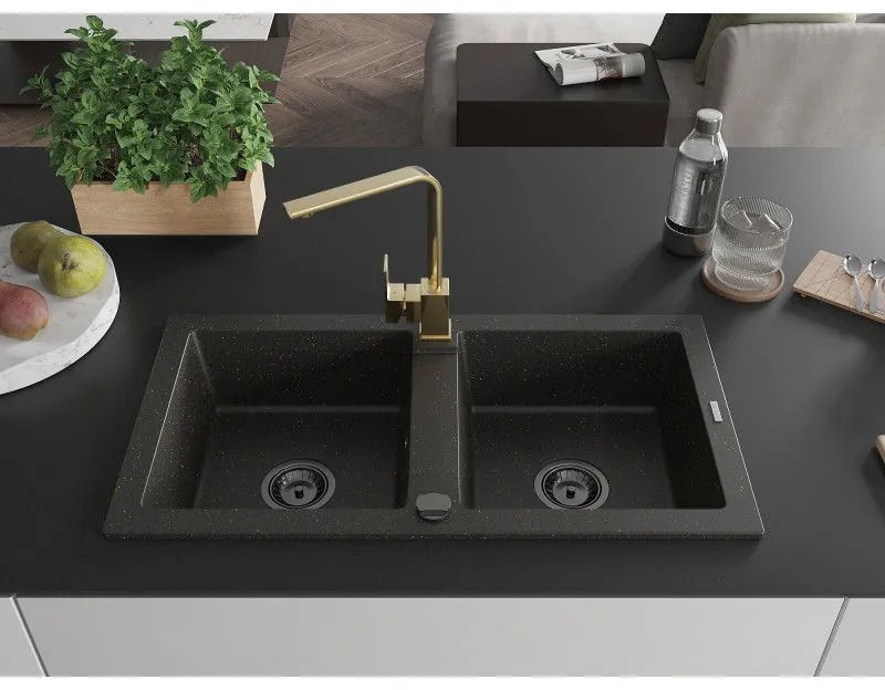 Mexen Mario, granitový drez 820x436x161 mm, 2-komorový, čierna-zlatá metalíza s čiernym sifónom a zlatá drezová batéria Rita, 6504-75-670300-50-B