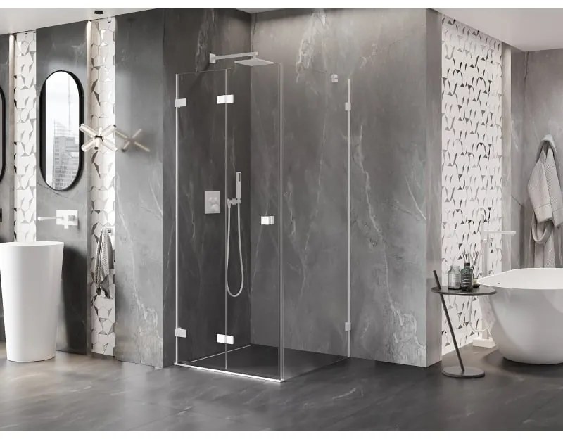 Mexen Lunar-F, 1-krídlový sprchový kút so skladacími dverami, ľavý, 80 x 80 cm, 8mm číre sklo, biely profil, 836-080-080-20-00-L