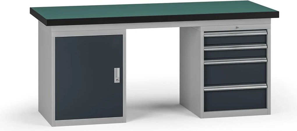Pracovný stôl do dielne G8, 1800 x 750 x 800 mm, 1x skrinka, 1x kontejner, 4 zásuvky, grafit
