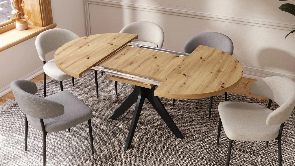 RENZO Dub Artisan/čierna noha - OKRÚHLY STÔL Ø110 ROZKLADACÍ DO 180 cm | DO KUCHYNE JEDÁLNE OBÝVAČKY RETRO