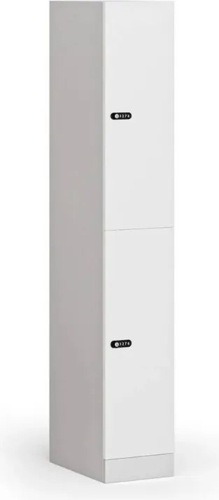 Šatníková skrinka S1 s úložnými boxmi, 2 boxy, 1850 x 300 x 500 mm, demont, mechanický kódový zámok, laminované dvere, biela
