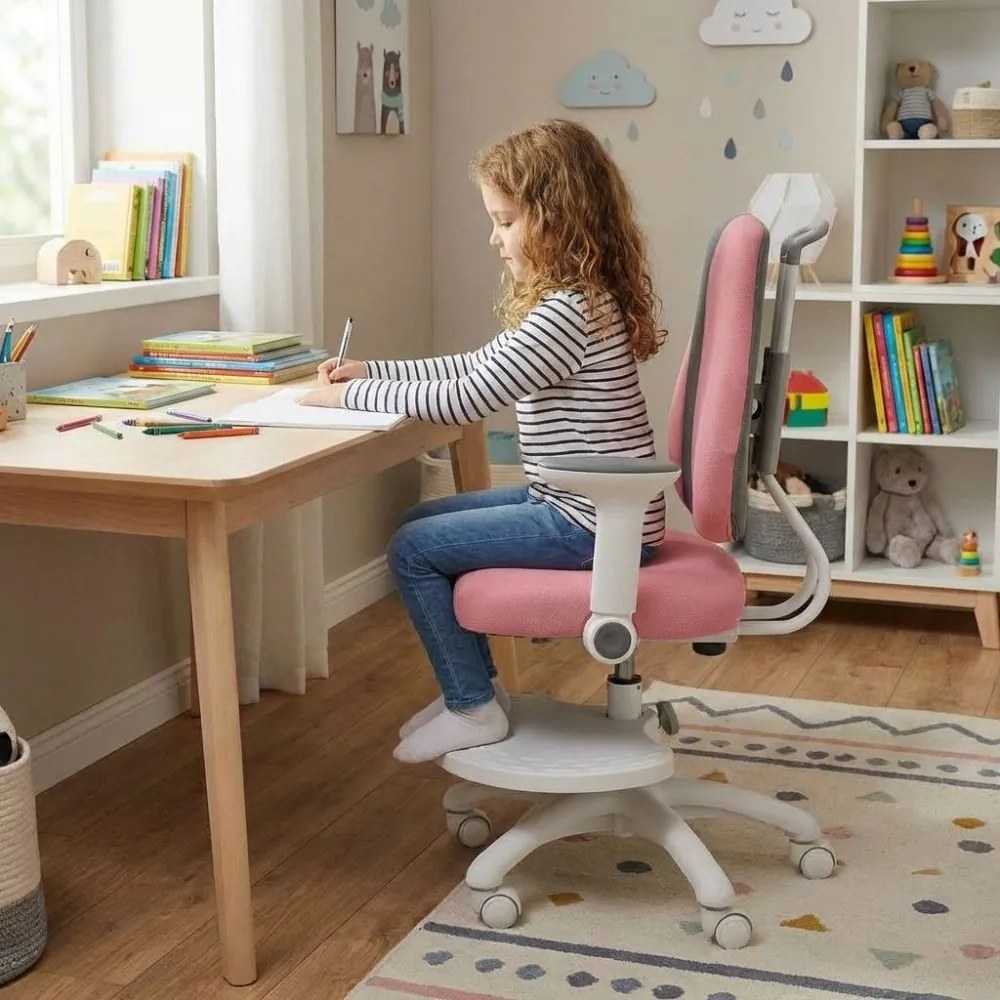 Detská rastúca stolička Neoseat KINDER WHITE PLUS — látka, šedá / svetlo ružová