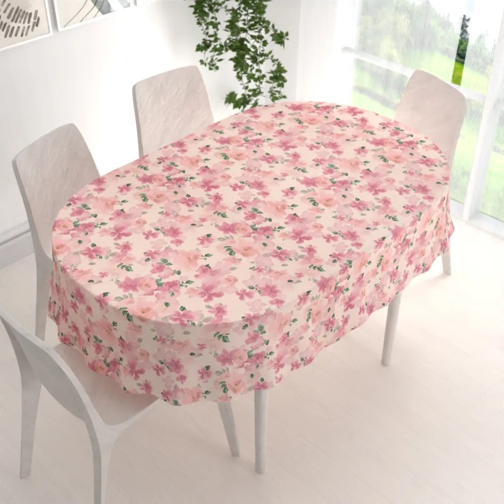Biante Zamatový oválny obrus Tamara TMR-039 Ružovo-fialové akvarelové kvety na svetlo lososovom 60x100 cm