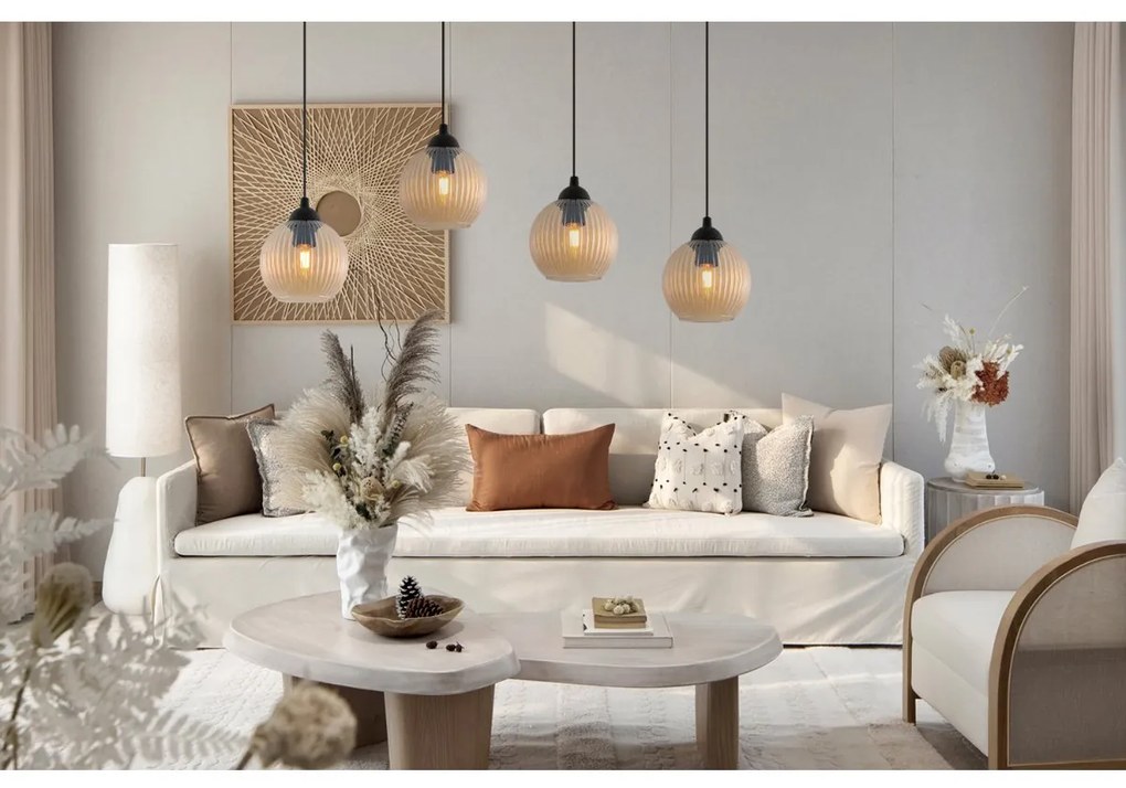 Závesné svietidlo Riffle Round, 4x medové sklenené tienidlo