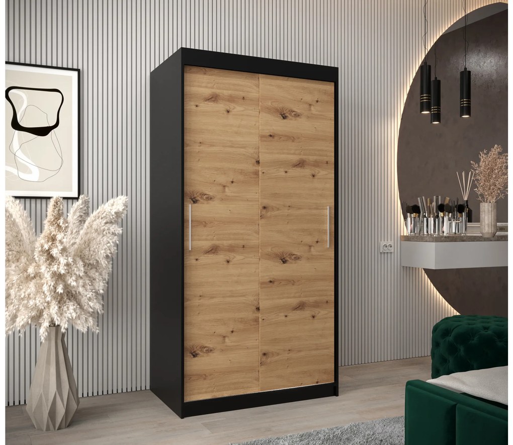 Šatníková skriňa 100 cm Toki (Čierna matná + Dub artisan). Akcia -41%. Vlastná spoľahlivá doprava až k Vám domov. 1064795