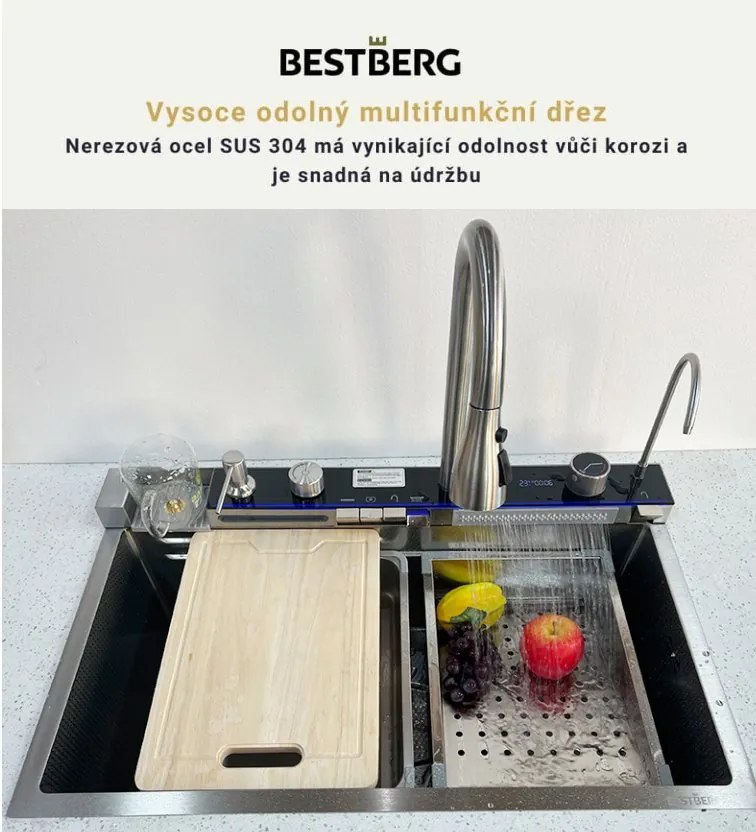 Multifunkčný inteligentný drez BestBerg BBSS-20S / 75 x 45 x 22 cm / nerezová oceľ / strieborná