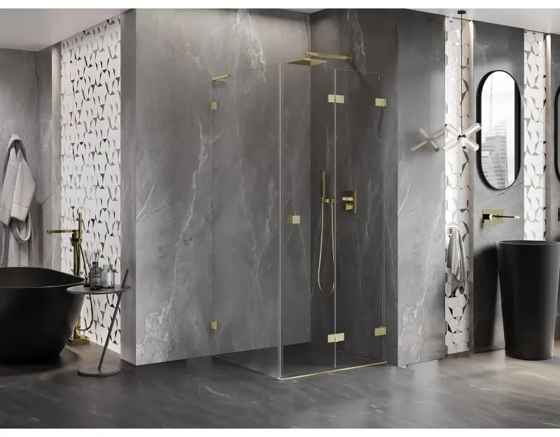 Mexen Lunar-F L, 1-krídlový sprchový kút so skladacími dverami, pravý, 90 x 90 cm, 8mm číre sklo, zlatý matný profil, 836L-090-090-55-00-P