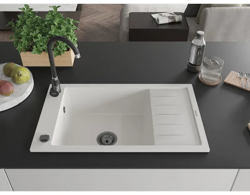 Mexen Elias, 1-komorový granitový drez s odkvapkávačom 795x480x200 mm a čierna matná kuchynská batéria Telma, biela, 6511-20-670200-70