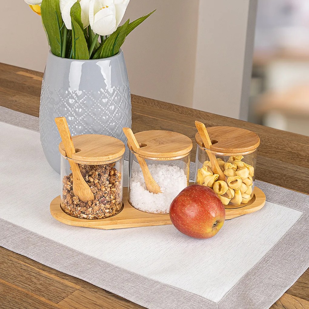 4home Sada sklenených dóz s podnosom a lyžičkami Bamboo, 310 ml