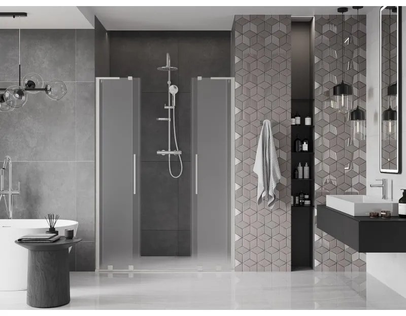 Mexen Velar L Duo, posuvné sprchové dvere do otvoru 140 cm, 8mm sklo námraza, brúsená oceľ, 871-140-003-32-97