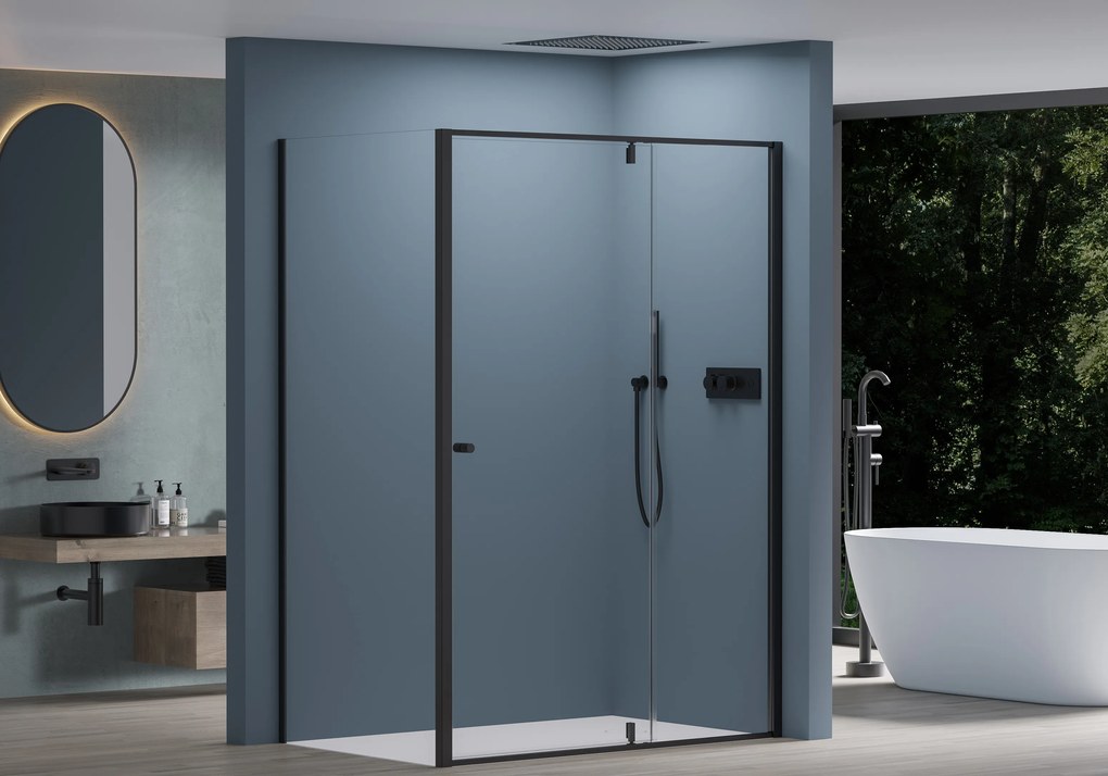 Cerano Santini, sprchovací kút 140(dvere) x 80(stena) x 195 cm, 6mm číre sklo, čierny profil, CER-CER-429013