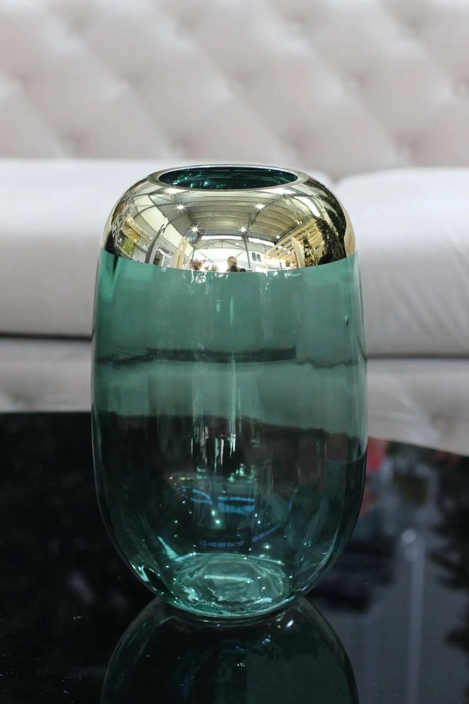 Zelená sklenená váza so zlatým okrajom 25cm