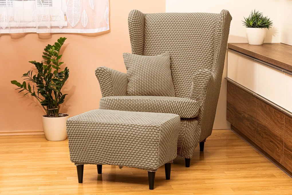 Poťah na kreslo ušiak elastický s podsedákom MALAGA svetlo hnedý TiaHome