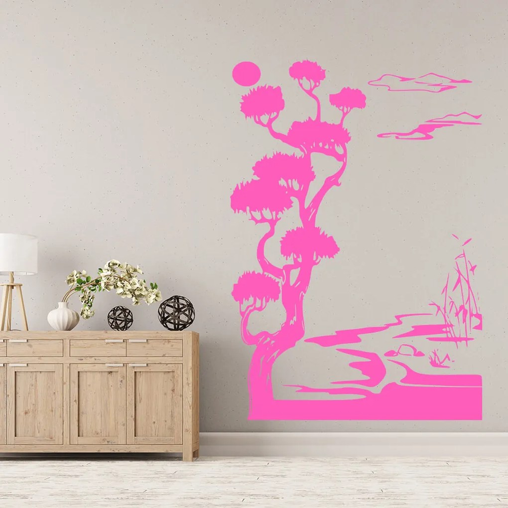 Veselá Stena Samolepka Japonská krajina Farba: růžová, Veľkosť: 80 x 55 cm