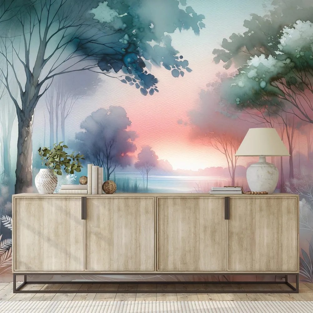 Samolepiaca tapeta pastelová lesná krajina pri západe slnka