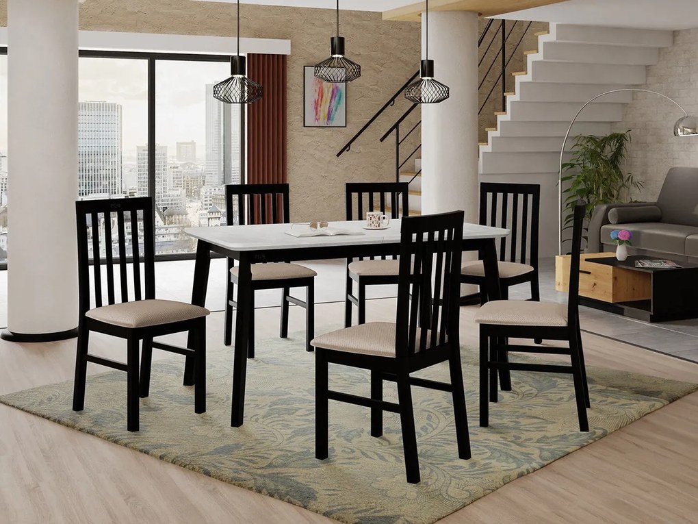 Rozkladací stôl so 6 stoličkami AL16, Morenie: biela, Poťahové látky: Kronos 7, Farby nožičiek: sonoma