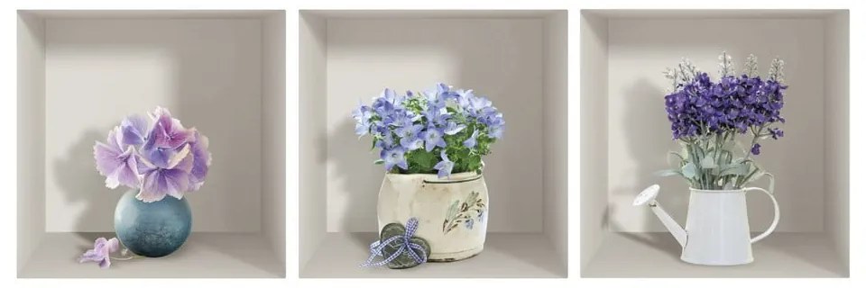 Sada 3 3D samolepiek na stenu Ambiance Purple Bouquets