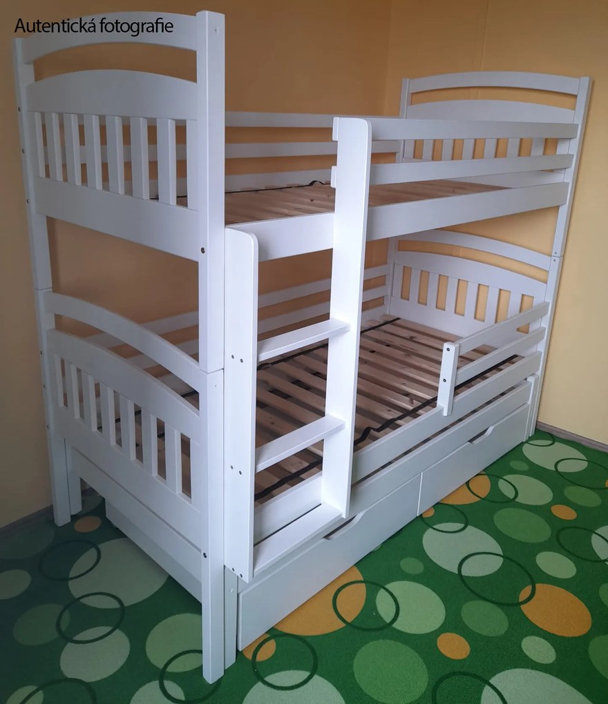 Detská poschodová posteľ z masívu borovice JAKUB III s prístelkou a šuplíky - 200x90 cm - biela