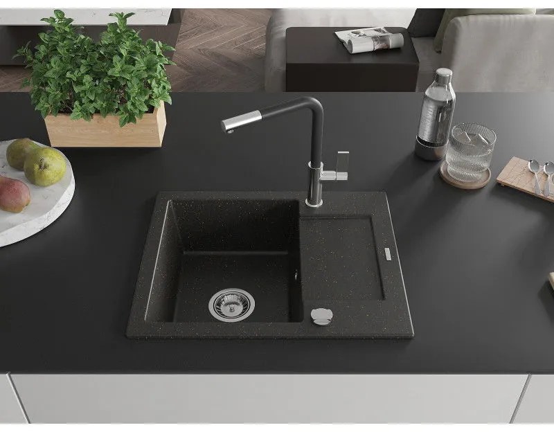 Mexen Enzo, 1-komorový granitový drez 576x465x174 mm a drezová batéria Flora, čierna-zlatá metalíza, 6506-75-670401-07