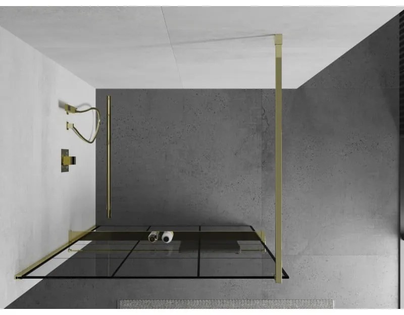 Mexen Kioto+, sprchová zástena s poličkou a držiakom na uteráky 100 x 200 cm, 8mm číre sklo vzor čierny, zlatý profil, 800-090-121-50-77