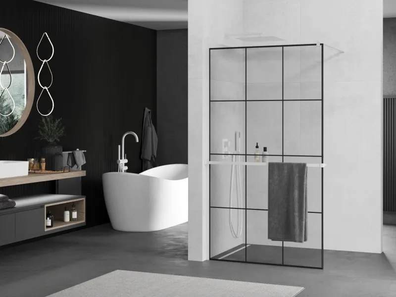 Mexen Kioto+, sprchová zástena Walk-In s poličkou a vešiakom 100 x 200 cm, 8mm číre sklo čierny vzor, biely profil, 800-100-121-20-77
