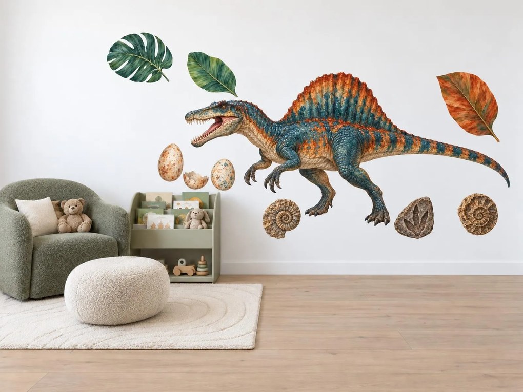 Spinosaurus s vajcami a fosíliami realistické dinosaurie nálepky do chlapčenskej izby na stenu arch 46 x 29 cm