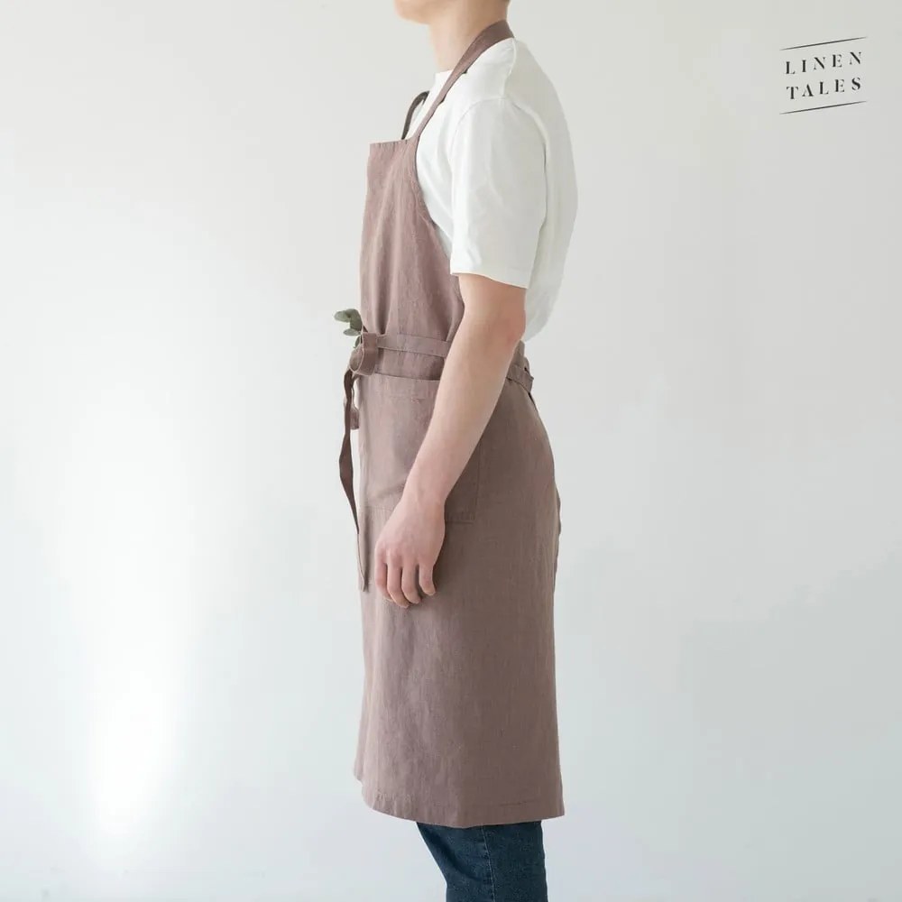 Starofialová ľanová zástera Linen Tales Chef, dĺžka 100 cm