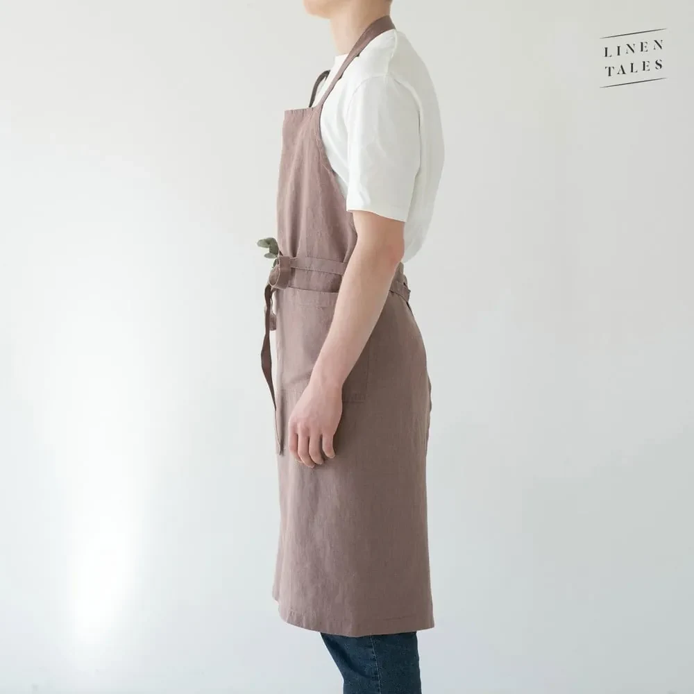 Starofialová ľanová zástera Linen Tales Chef, dĺžka 100 cm