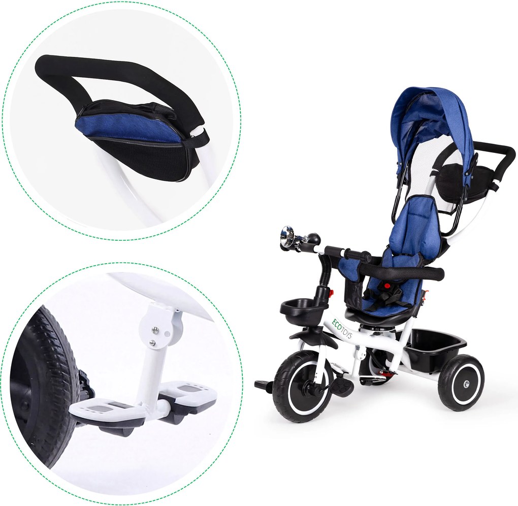 ECOTOYS detská trojkolka 360° otočné sedadlo, 5-bodový pás, odnímateľná strieška, modrá
