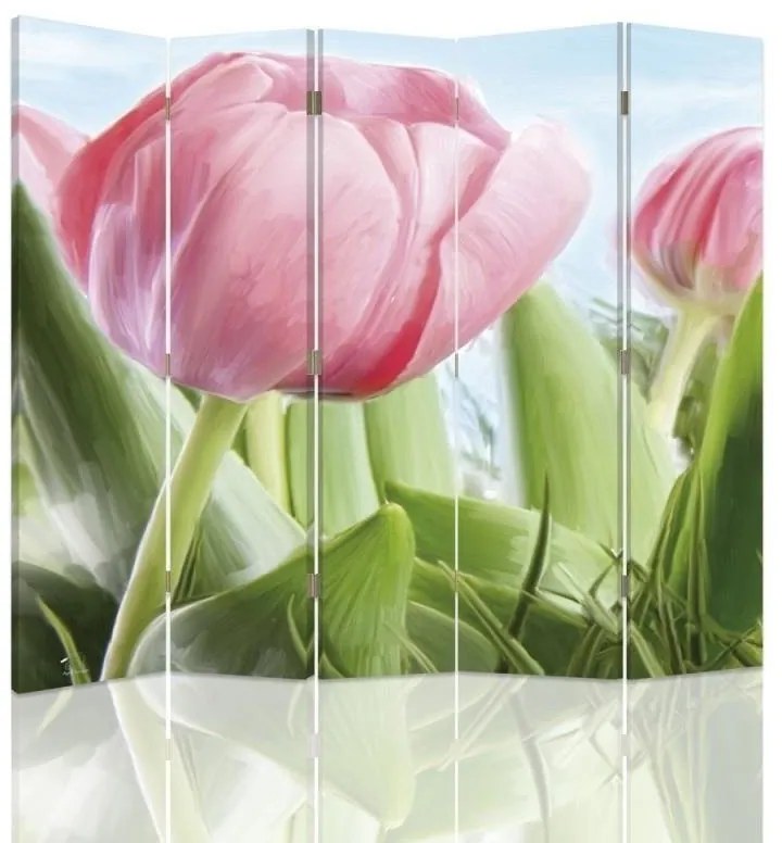 Ozdobný paraván Květiny Tulipány Příroda - 180x170 cm, päťdielny, obojstranný paraván 360°