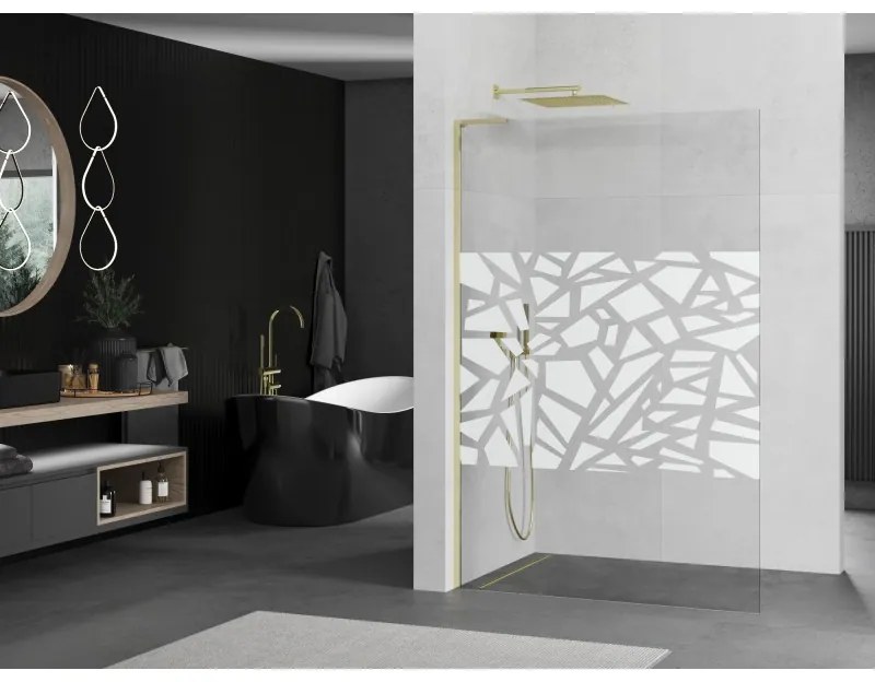 Mexen Kioto L, sprchová zástena Walk-In 90 x 200 cm, 8mm číre sklo biely vzor, zlatý lesklý profil,800-090-103-50-78
