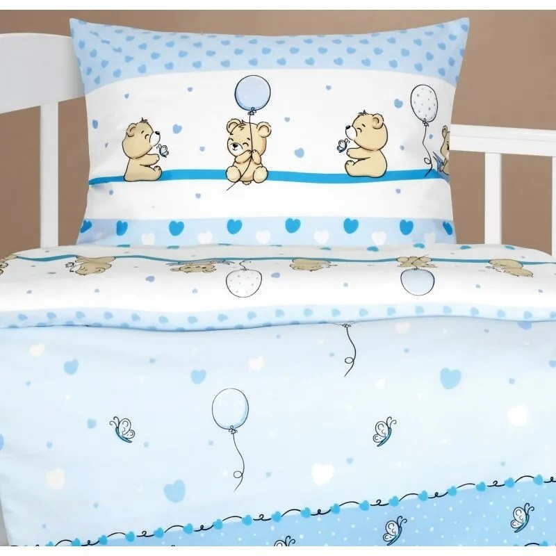 Bellatex Bavlnené obliečky do postieľky Agata Bearmodré, 90 x 135 cm, 45 x 60 cm