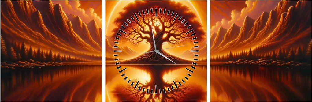 Obraz – Strom v krvavom slnku (s hodinami) (90x30 cm)