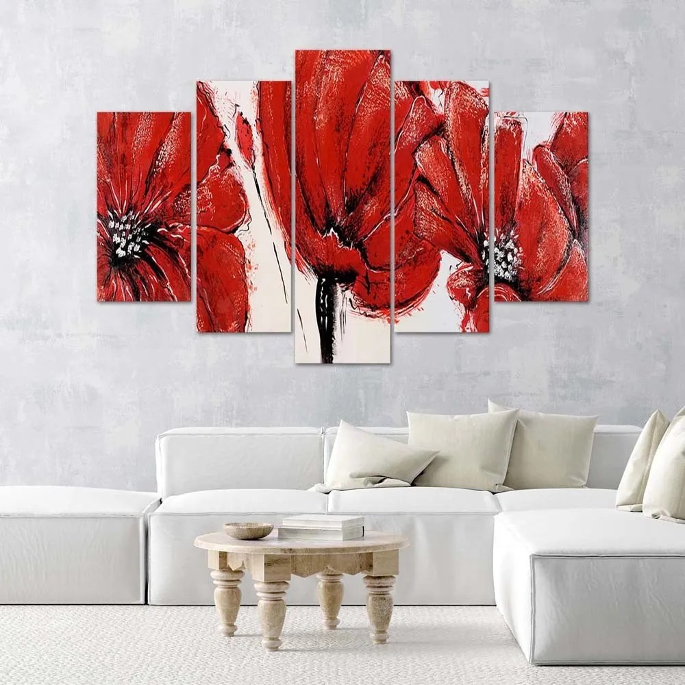 Obraz na plátně pětidílný Červené akrylové květiny - 150x100 cm