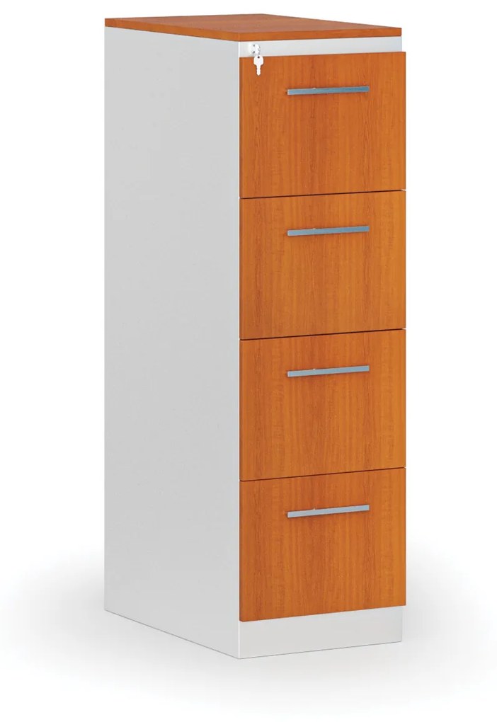 Kovová zásuvková kartotéka PRIMO s drevenými čelami A4, 4 zásuvky, biela/čerešňa