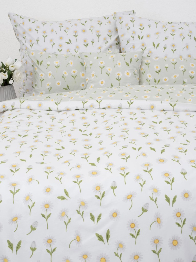 Francúzske bavlnené obliečky Renforcé - Sedmokrásky sivozelené/biele