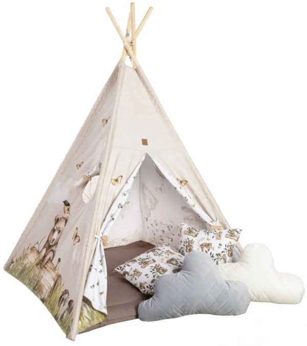 Detský indiánsky stan teepee MACKO s podložkou a vankúšikmi