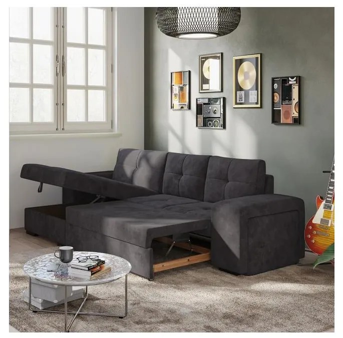 Rozkladacia sedačka s úložným priestorom a taburetom PALERMO, čierna, ľavé prevedenie