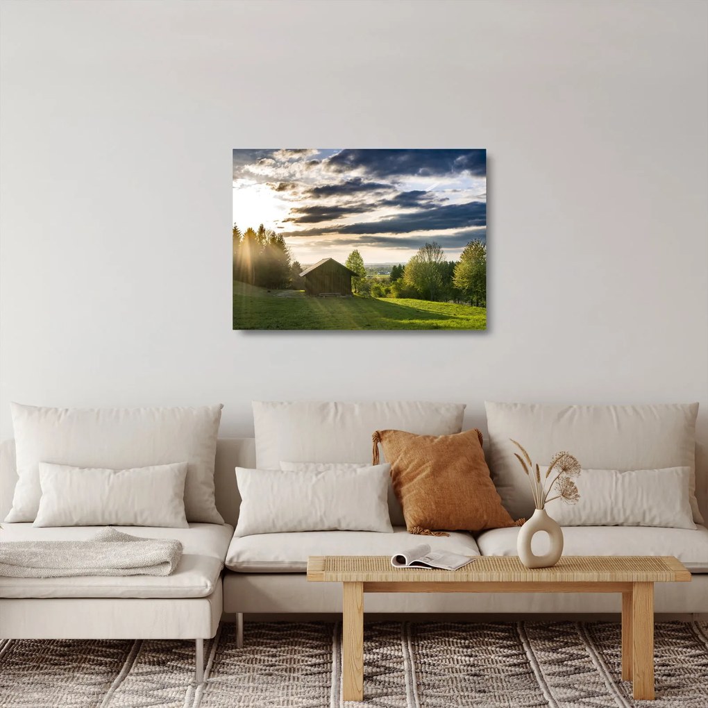 Sklenený obraz chaty na lúke (70x50 cm)