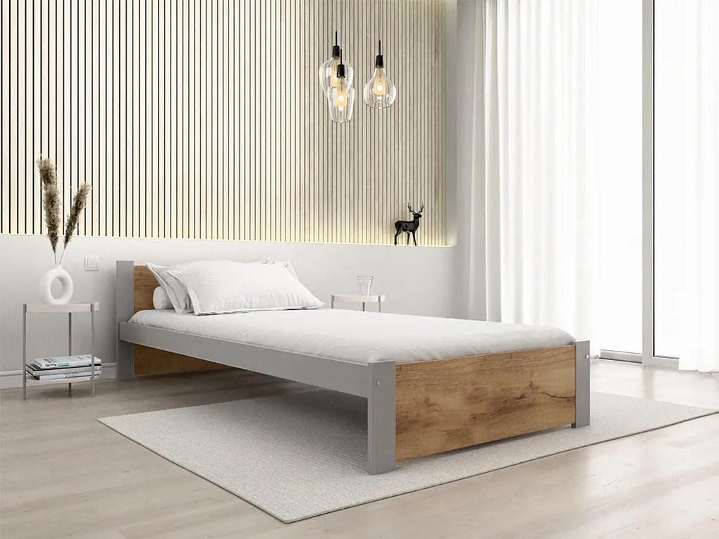 Posteľ IKAROS 90 x 200 cm, dub artisan/sivá Rošt: S latkovým roštom, Matrac: Matrac DELUXE 10 cm