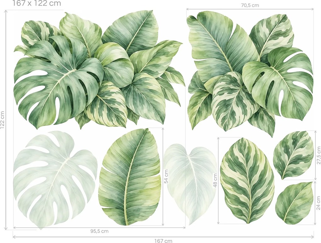 Tropické listy monstery botanické nálepky do obývačky na stenu arch 46 x 34 cm