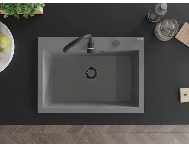 Mexen Elix, 1-korový granitový drez 700 x 500 mm, šedá, čierny sifón, 6526701005-71-B