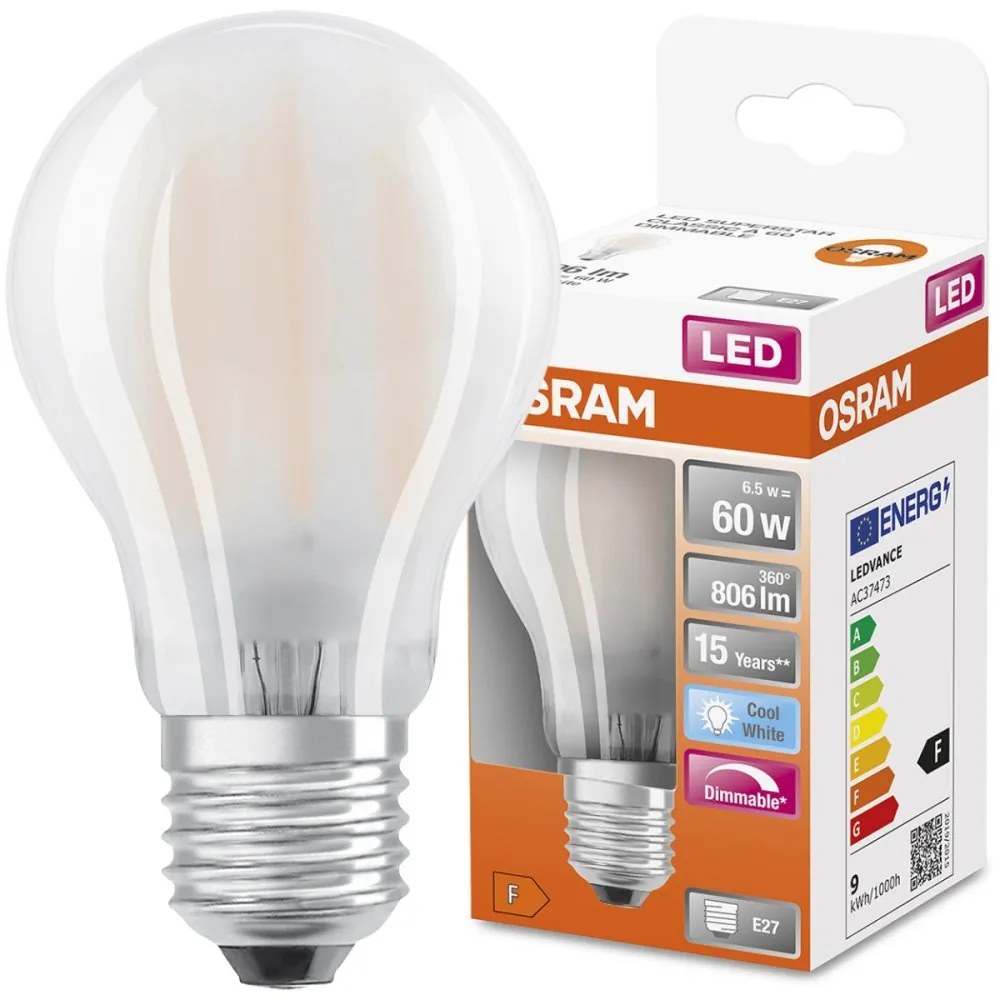 LED žiarovka E27 A60 6,5W = 60W 806lm 4000K Neutrálne 300° Stmievateľné vlákno OSRAM SUPER STAR